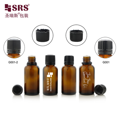 G001-2 Botella de vidrio de molde redondo de color ámbar con tapa de tornillo a prueba de alteraciones y enchufe de plástico para el embalaje de contenedores de aceites esenciales