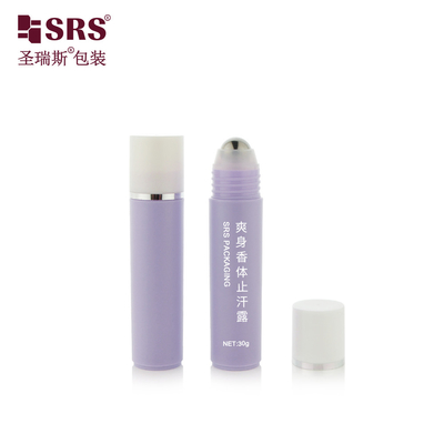 RPP-30ml inyección púrpura brillante mate acabado con tapa blanca con estampado anillo de plata bola de acero masaje de pelo suero botella de rodillo
