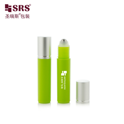 RPA-10ML Botella de bolas de acero con rodillo de plástico PP PCR para inyección de color verde mate helado con tapa de aluminio para líquido contra picazón