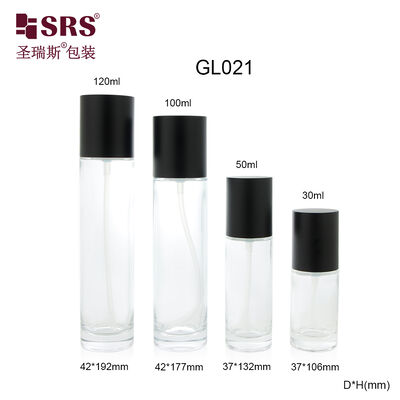 GL021 30ml 50ml 100ml 120ml Botella de loción de vidrio de molde transparente con tapa negra personalizada